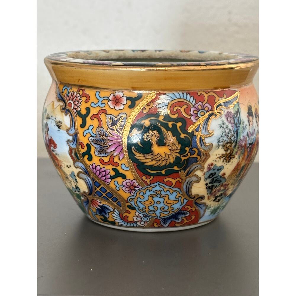 Vintage Hand Painted Ceramic Chinese Satsuma Style Small Fish Bowl Planter - Picture 3 of 6